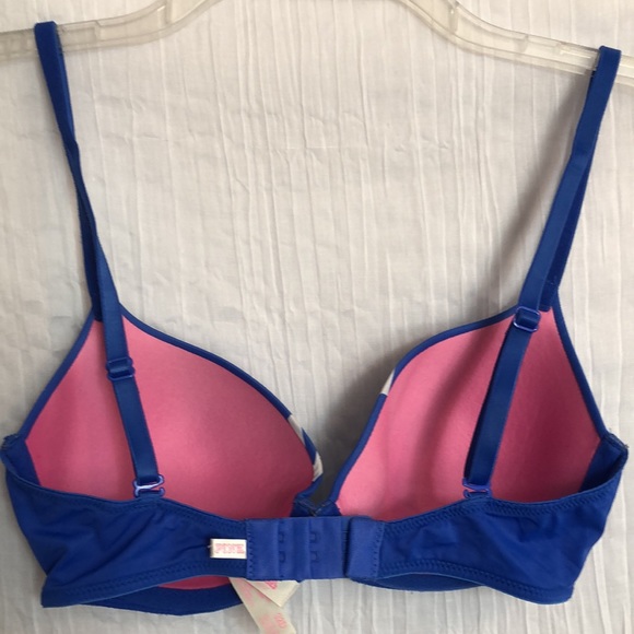 VICTORIAS SECRET PINK womans SZ 32D padded underwire bra blue white pink logo - Picture 12 of 13
